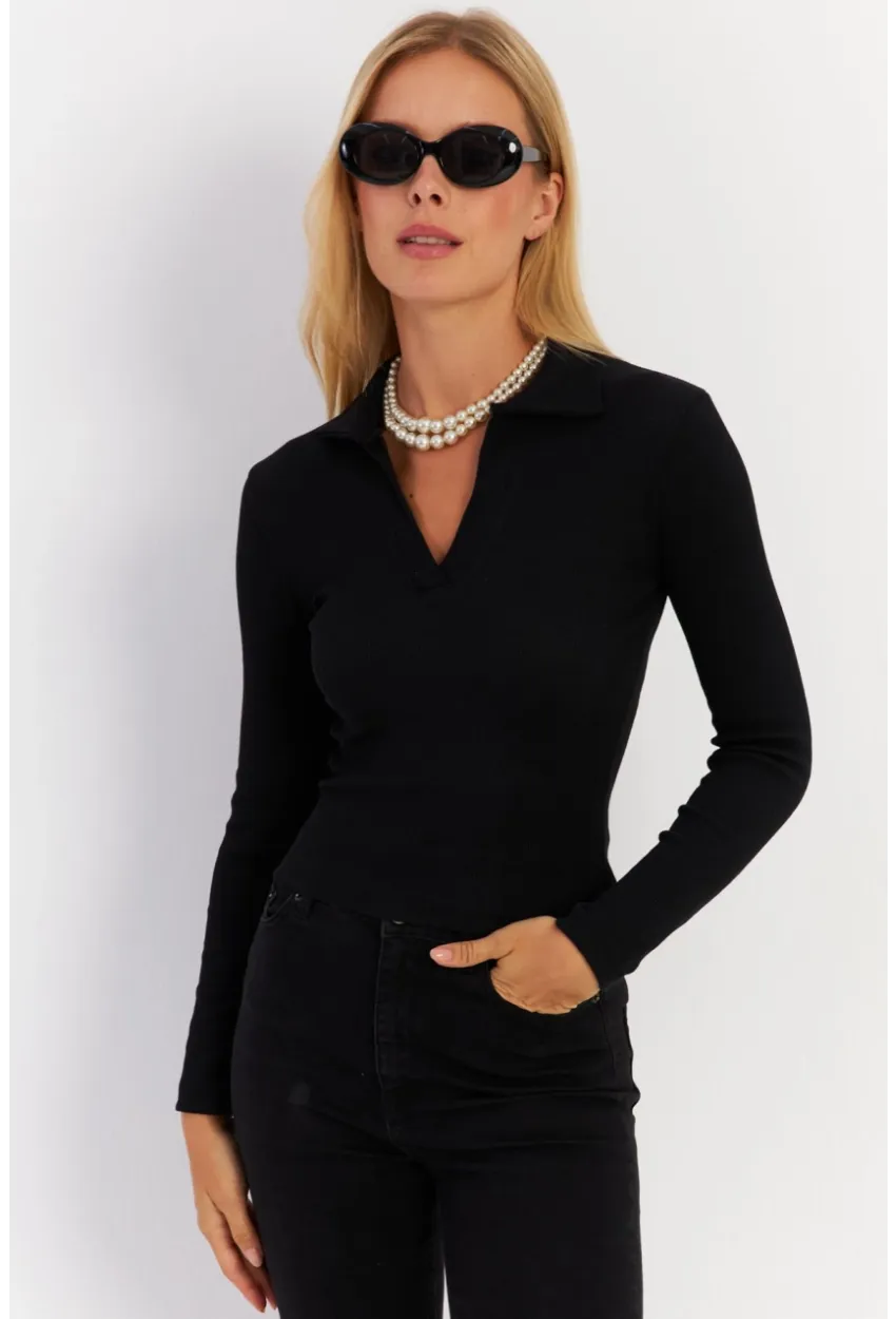 Kadın Siyah Polo Yaka Kaşkorse Bluz LON3006