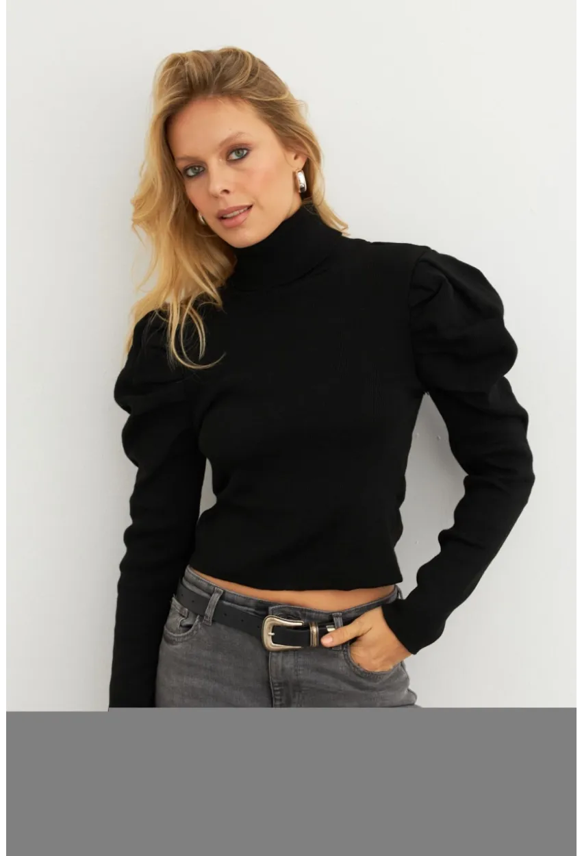 Kadın Siyah Prenses Kol Balıkçı Yaka Triko Bluz MSF2555