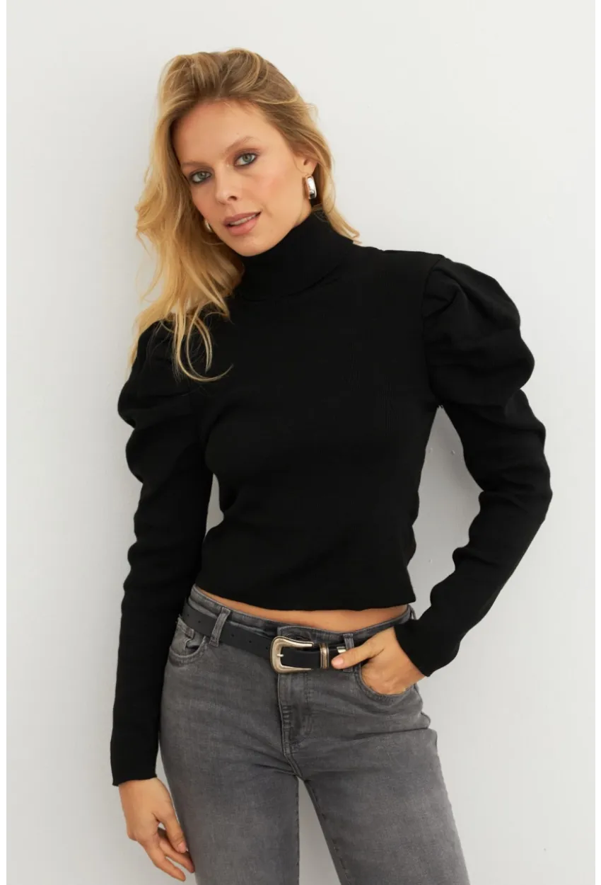 Kadın Siyah Prenses Kol Balıkçı Yaka Triko Bluz SF2555