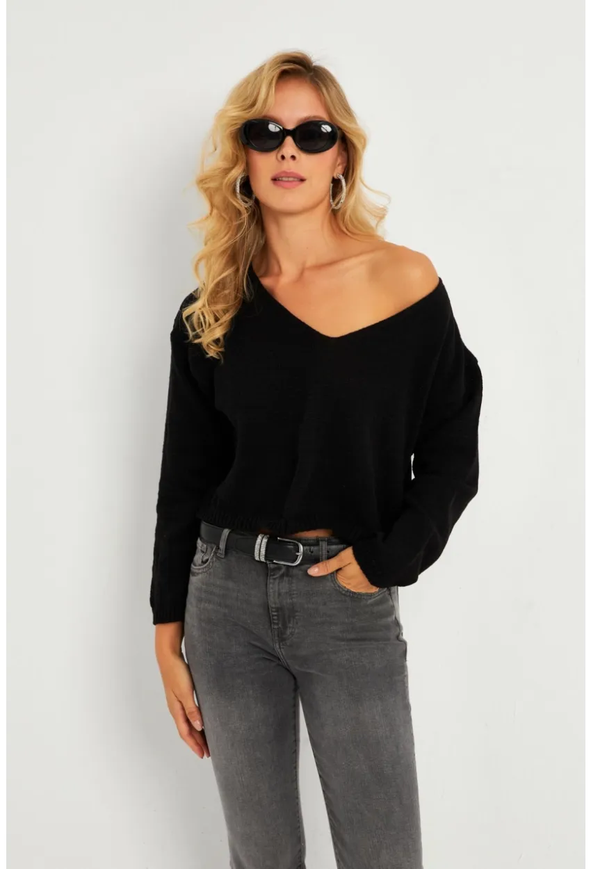 Kadın Siyah Salaş Kısa Triko Bluz YV281