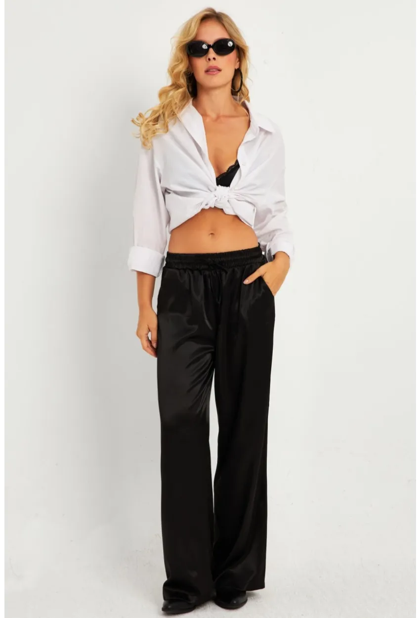 Kadın Siyah Saten Palazzo Pantolon DMR356