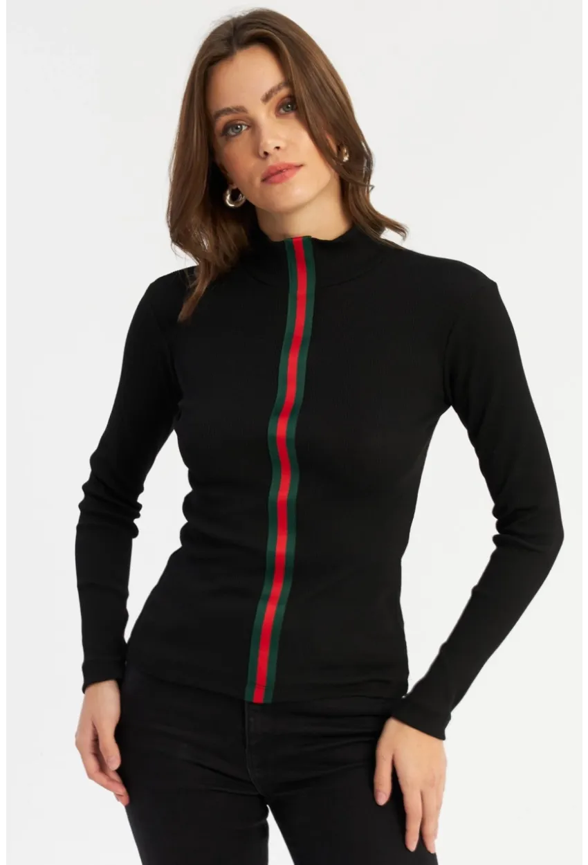 Kadın Siyah Şerit Bantlı Kaşkorse Bluz EY2948