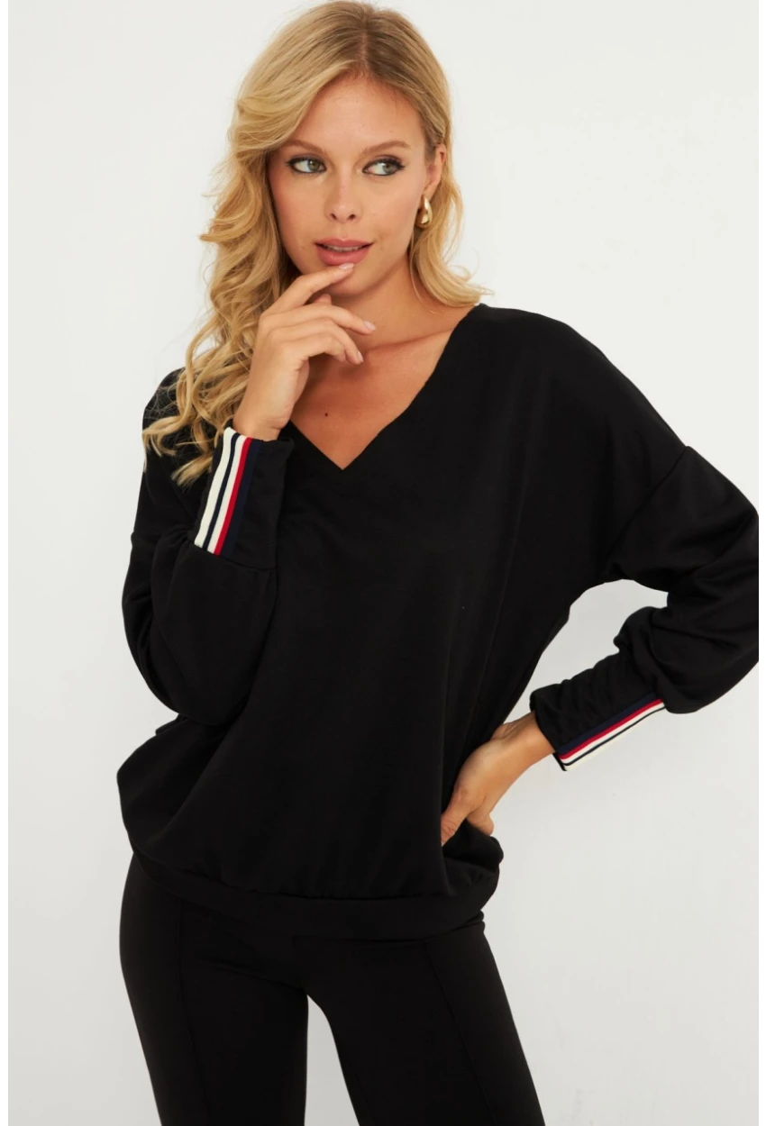 Kadın Siyah Şerit Detaylı V Yaka Sweatshirt  EY2905
