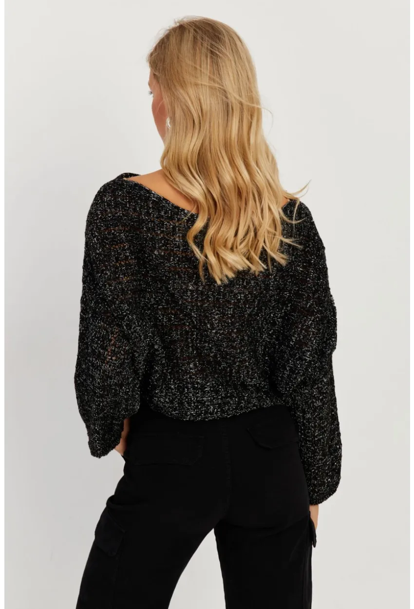 Kadın Siyah Simli Ajurlu Triko Bluz YZ403
