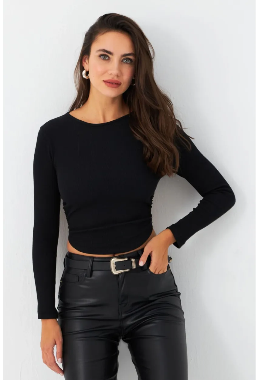 Kadın Siyah Sırt Bağlamalı Kaşkorse Bluz AYD388