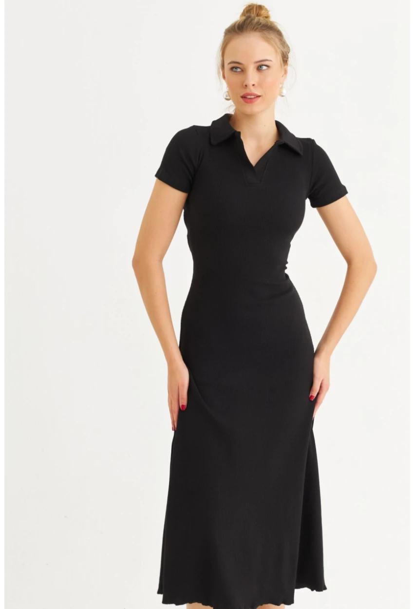 Kadın Siyah Sırt Bağlamalı Kaşkorse Midi Elbise MFRY0001