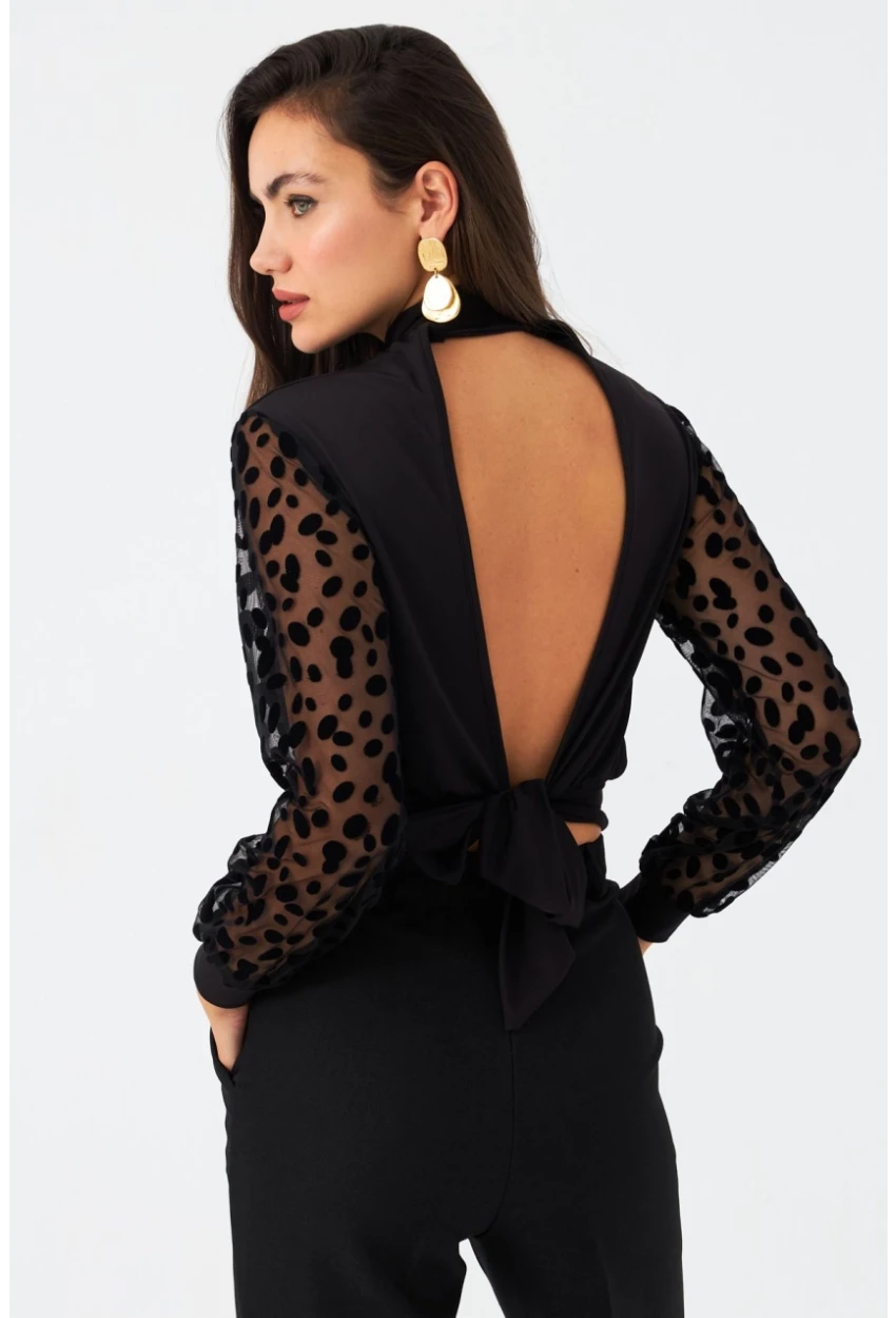 Kadın Siyah Sırt Bağlamalı Kolları Tül Bluz TF41