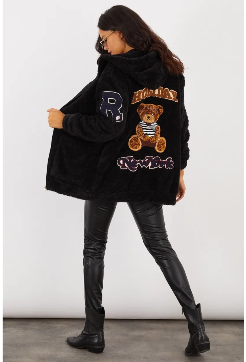 Kadın Siyah Sırt Baskılı Kapüşonlu Peluş Mont BK231123