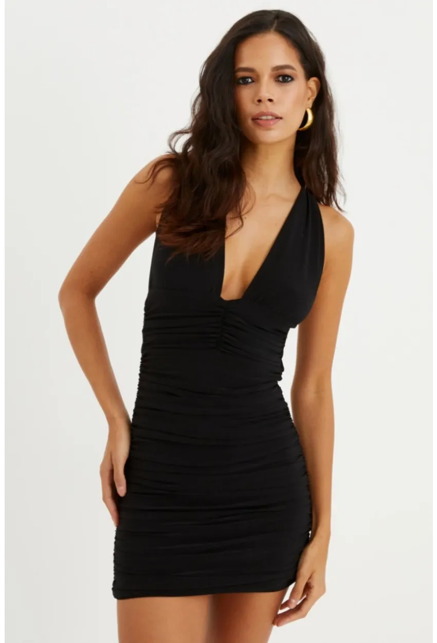 Kadın Siyah Sırt Dekolteli Büzgülü Mini Elbise B1739