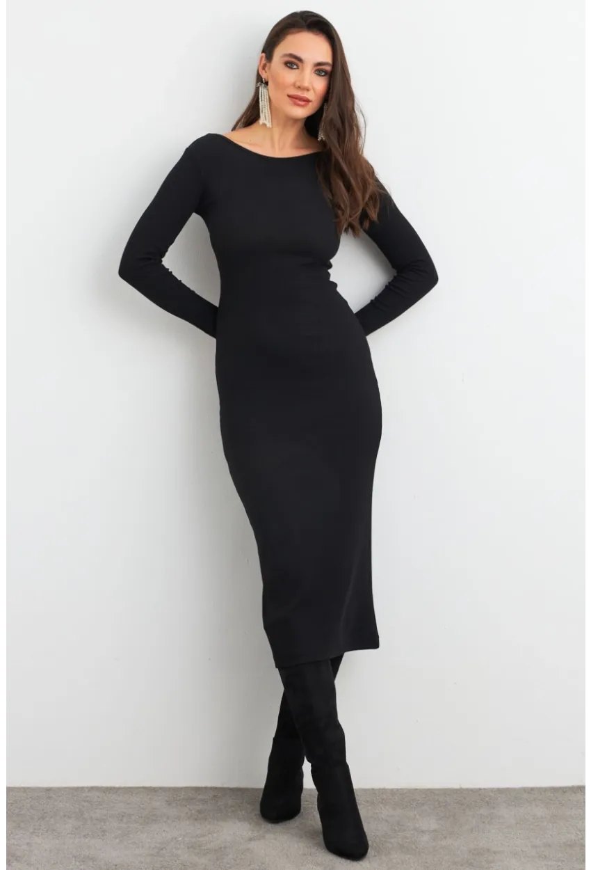 Kadın Siyah Sırt Dekolteli Kaşkorse Midi Elbise EY3029