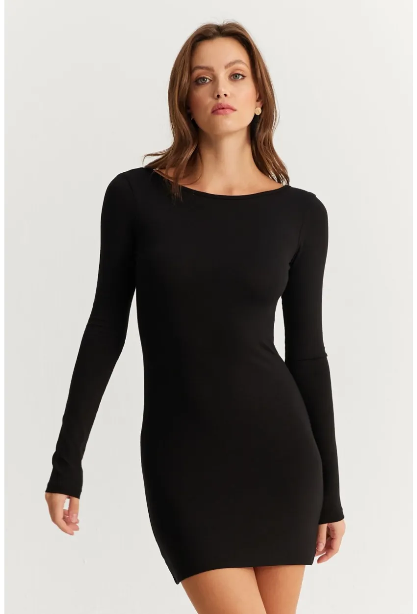 Kadın Siyah Sırt Dekolteli Mini Elbise HOR36