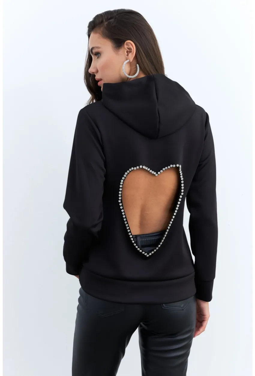Kadın Siyah Sırt Dekolteli Taşlı Sweatshirt BTH15