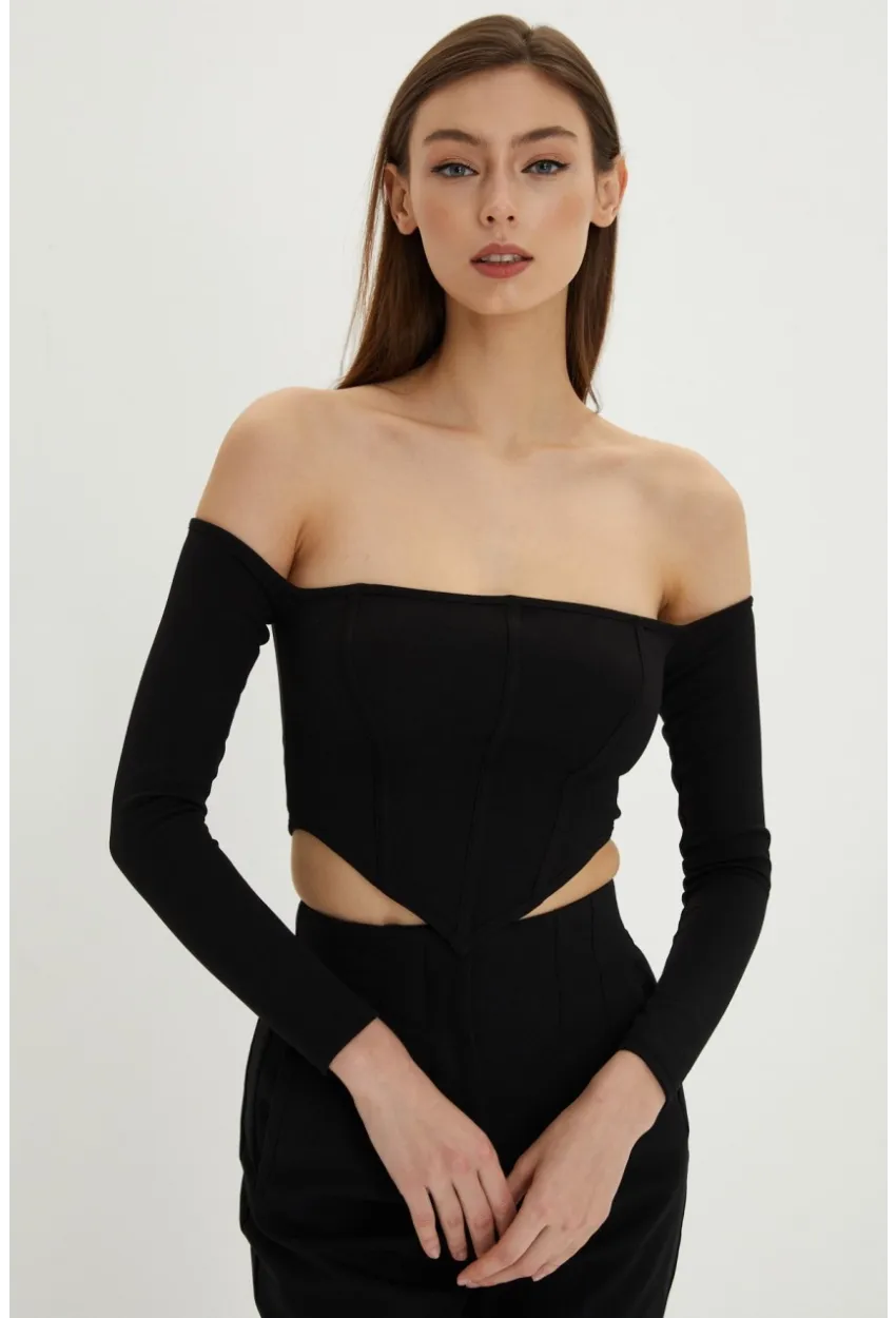 Kadın Siyah Sırt Fermuarlı Crop Bluz B518