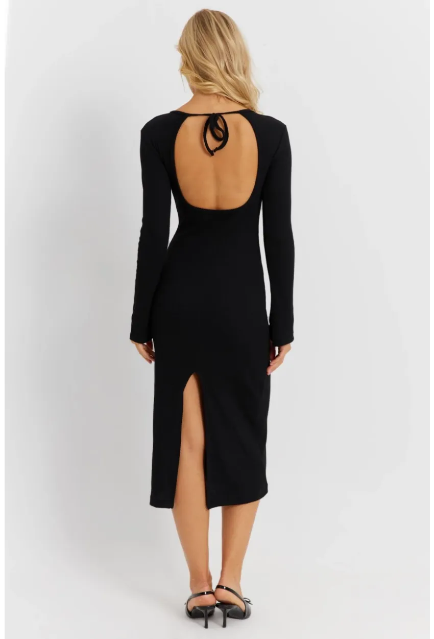 Kadın Siyah Sırt Pencereli Yırtmaçlı Kaşkorse Midi Elbise EY2874