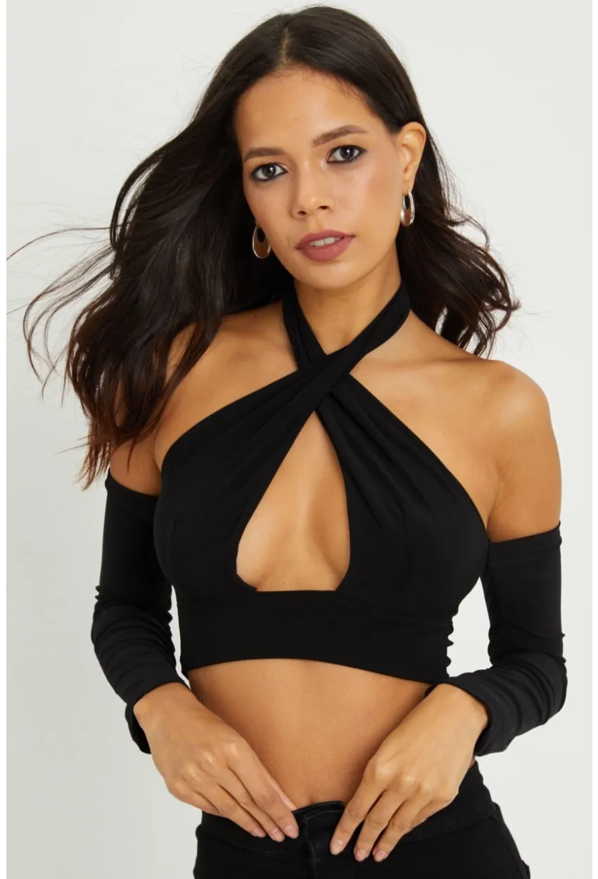 Kadın Siyah Sırtı Açık Crop Bluz B1729