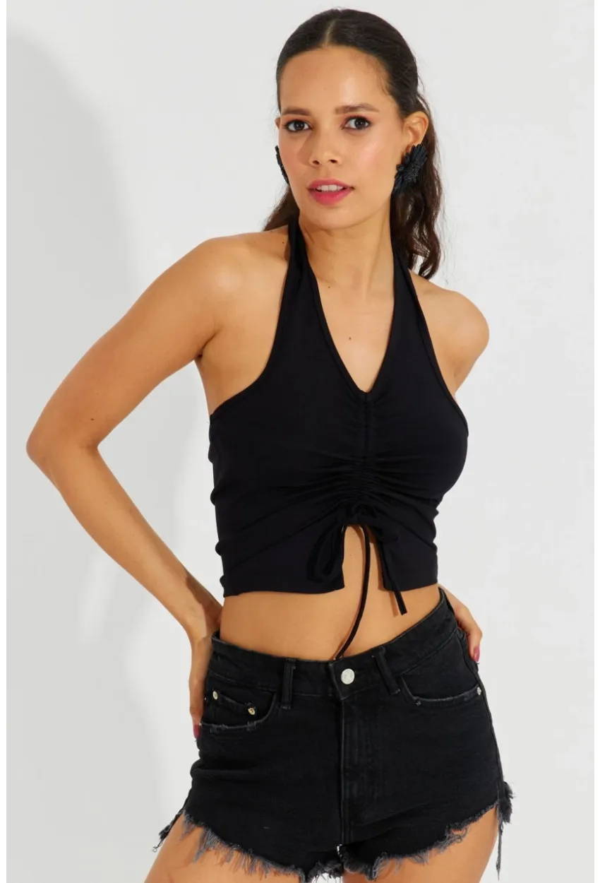 Kadın Siyah Sırtı Açık Crop Bluz B2697
