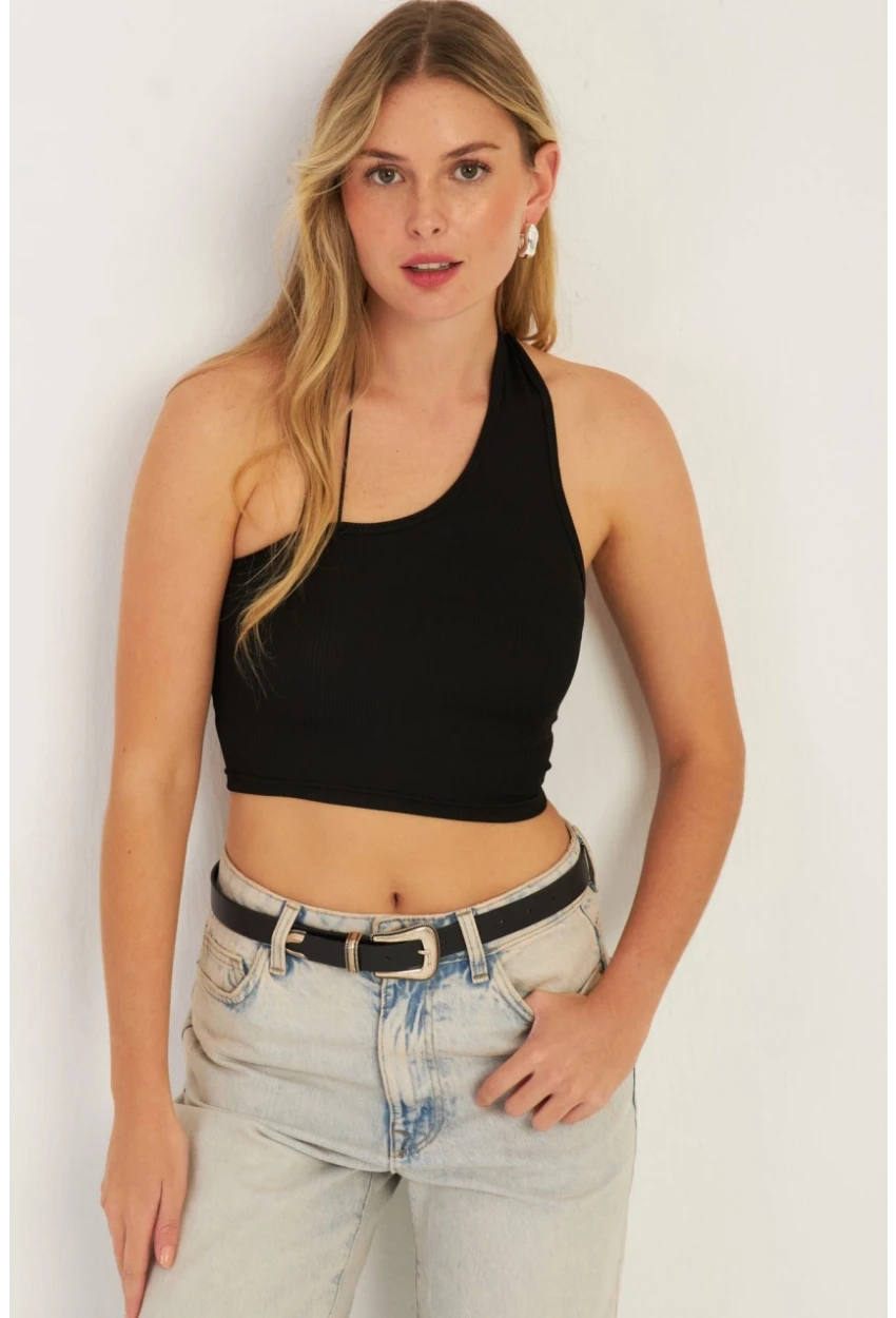 Kadın Siyah Sırtı Açık Crop Bluz CG345