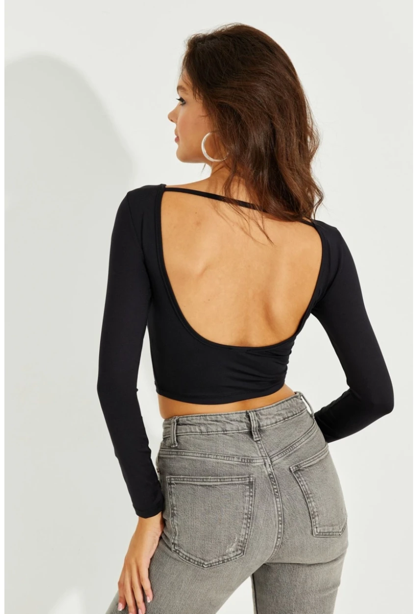 Kadın Siyah Sırtı Açık Crop Bluz CY430