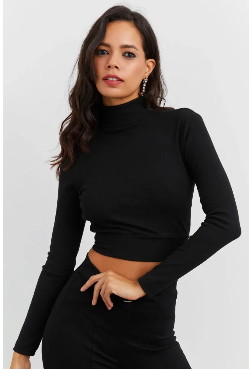 Kadın Siyah Sırtı Açık Crop Bluz EY1512