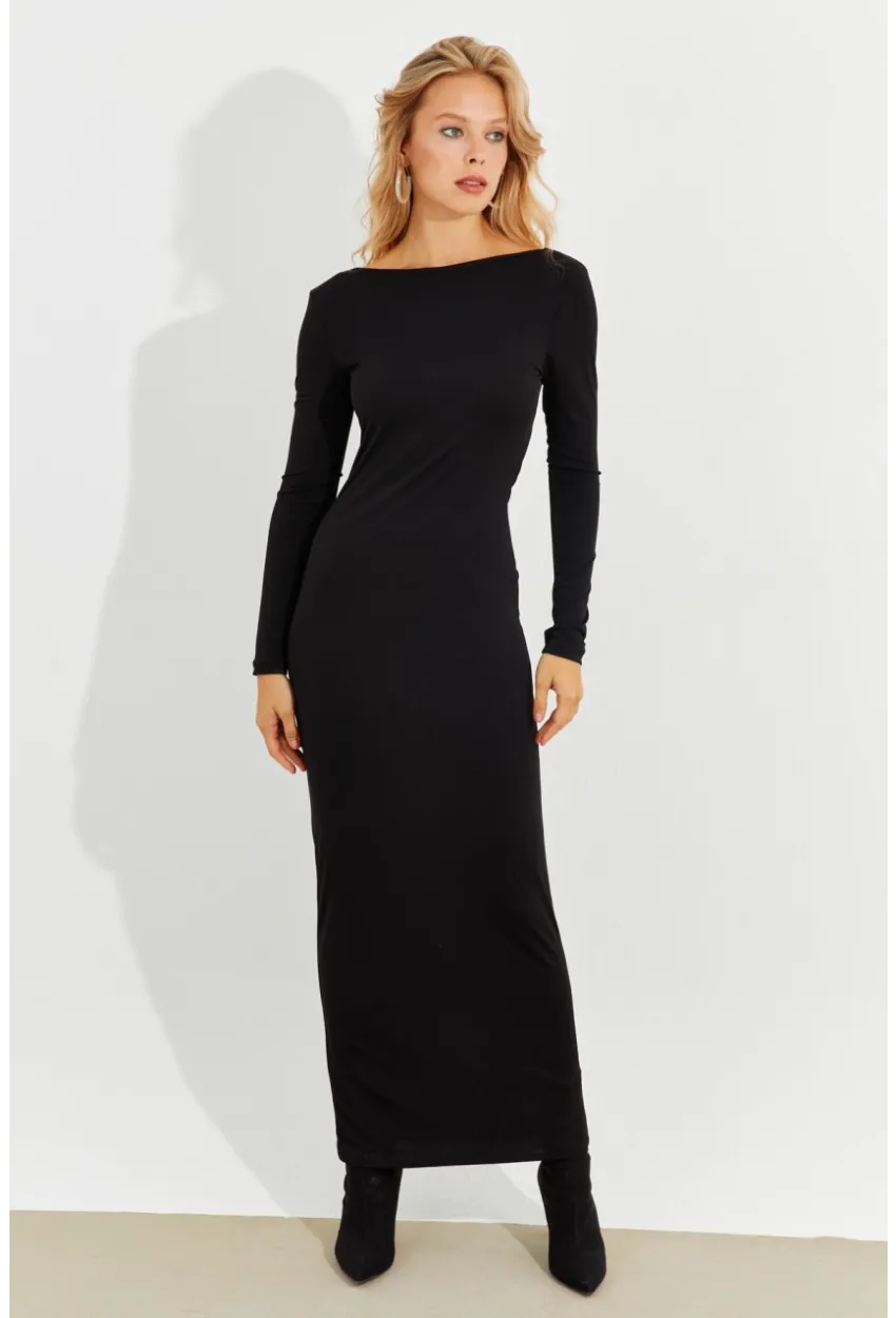 Kadın Siyah Sırtı Açık Maxi Elbise MEN2013