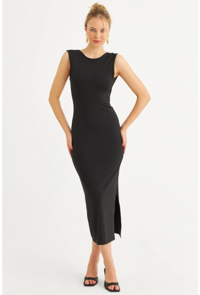 Kadın Siyah Sırtı Açık Midi Elbise YEL221672