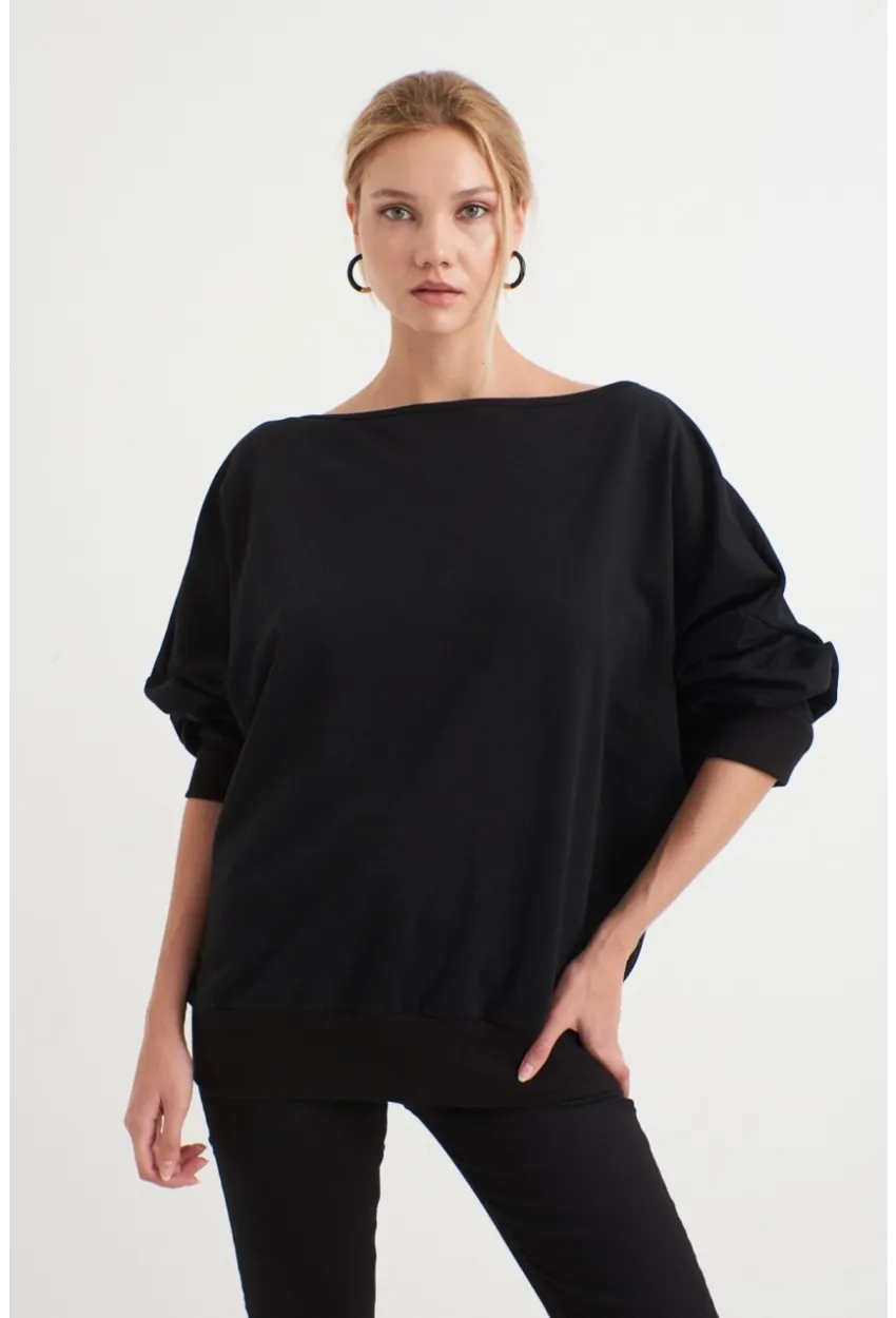 Kadın Siyah Sırtı Açık Yarasa Kol Sweatshirt B161
