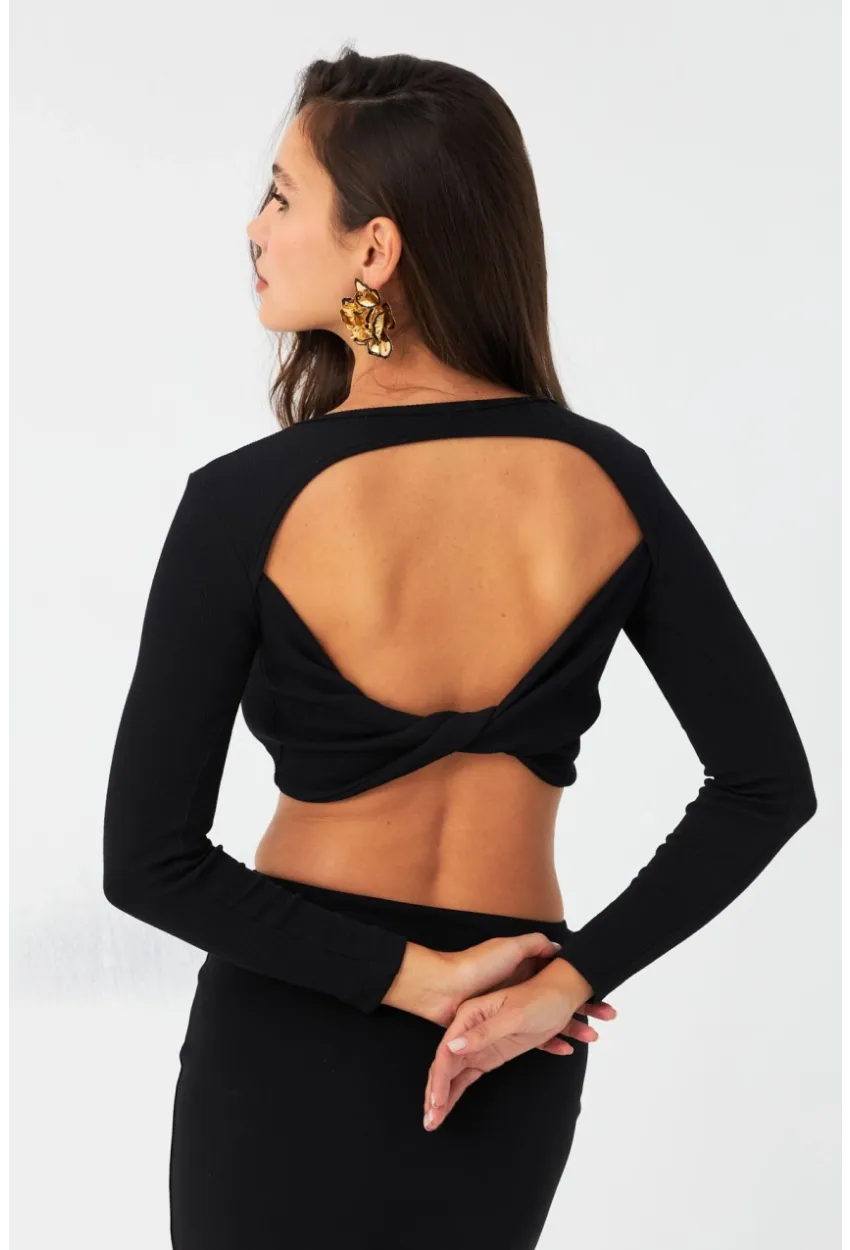 Kadın Siyah Sırtı Çapraz Kaşkorse Crop Bluz EY2975