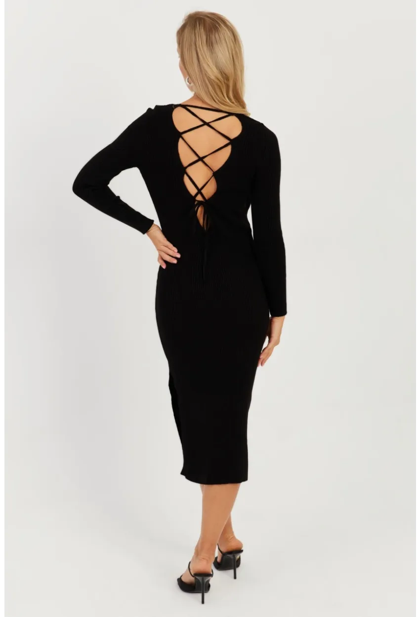 Kadın Siyah Sırtı Çapraz Triko Midi Elbise YZ407