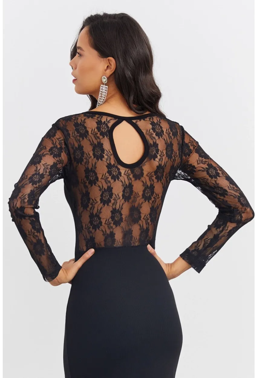 Kadın Siyah Sırtı Dantel Midi Elbise EY2485