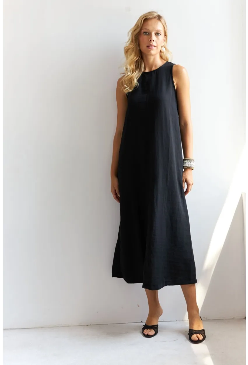 Kadın Siyah Sırtı Düğmeli Midi Keten Elbise DMR353