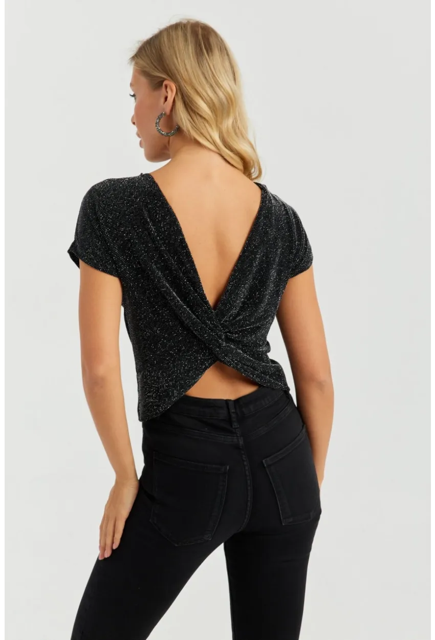 Kadın Siyah Sırtı Dügümlü Simli Bluz LPP1251