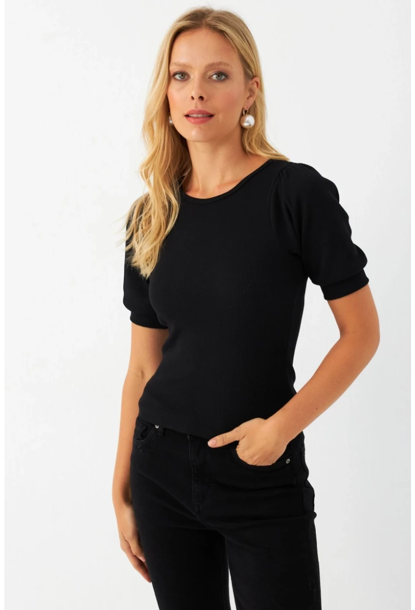 Kadın Siyah Sırtı Fiyonklu Kaşkorse Bluz EY2996