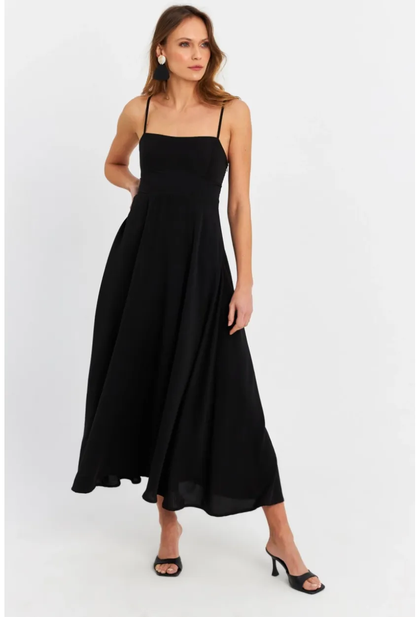 Kadın Siyah Sırtı Gipeli Astarlı Midi Elbise ERL10047