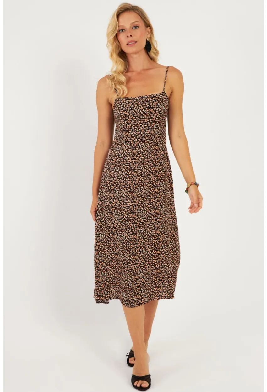 Kadın Siyah Sırtı Gipeli Desenli Midi Elbise MP427