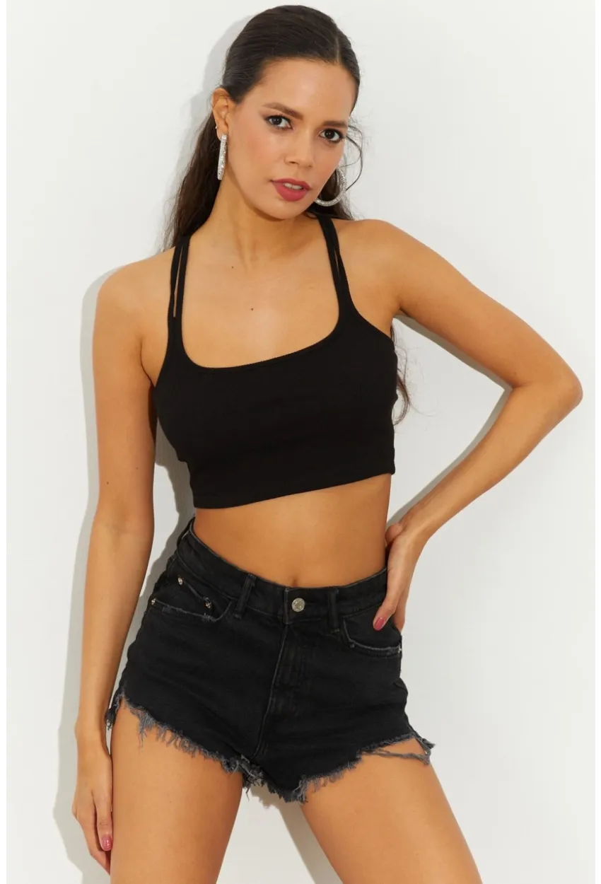Kadın Siyah Sırtı Halkalı Kaşkorse Crop Bluz B2552
