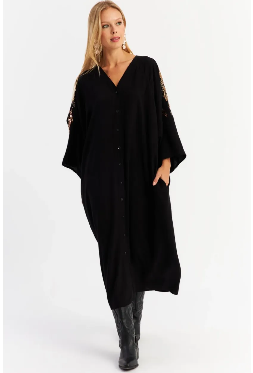 Kadın Siyah Sırtı Nakışlı Düğmeli Maxi Elbise ALO16