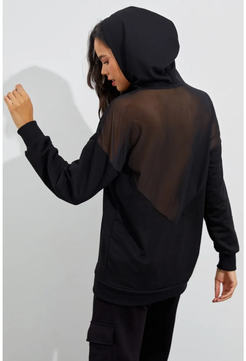 Kadın Siyah Sırtı Tül Kapüşonlu Sweatshirt EY1523