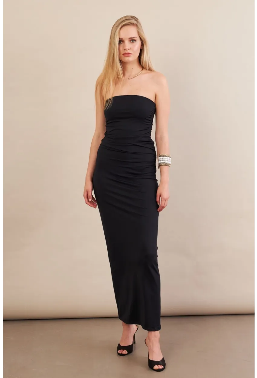 Kadın Siyah Straplez Büzgülü Midi Elbise MX2005