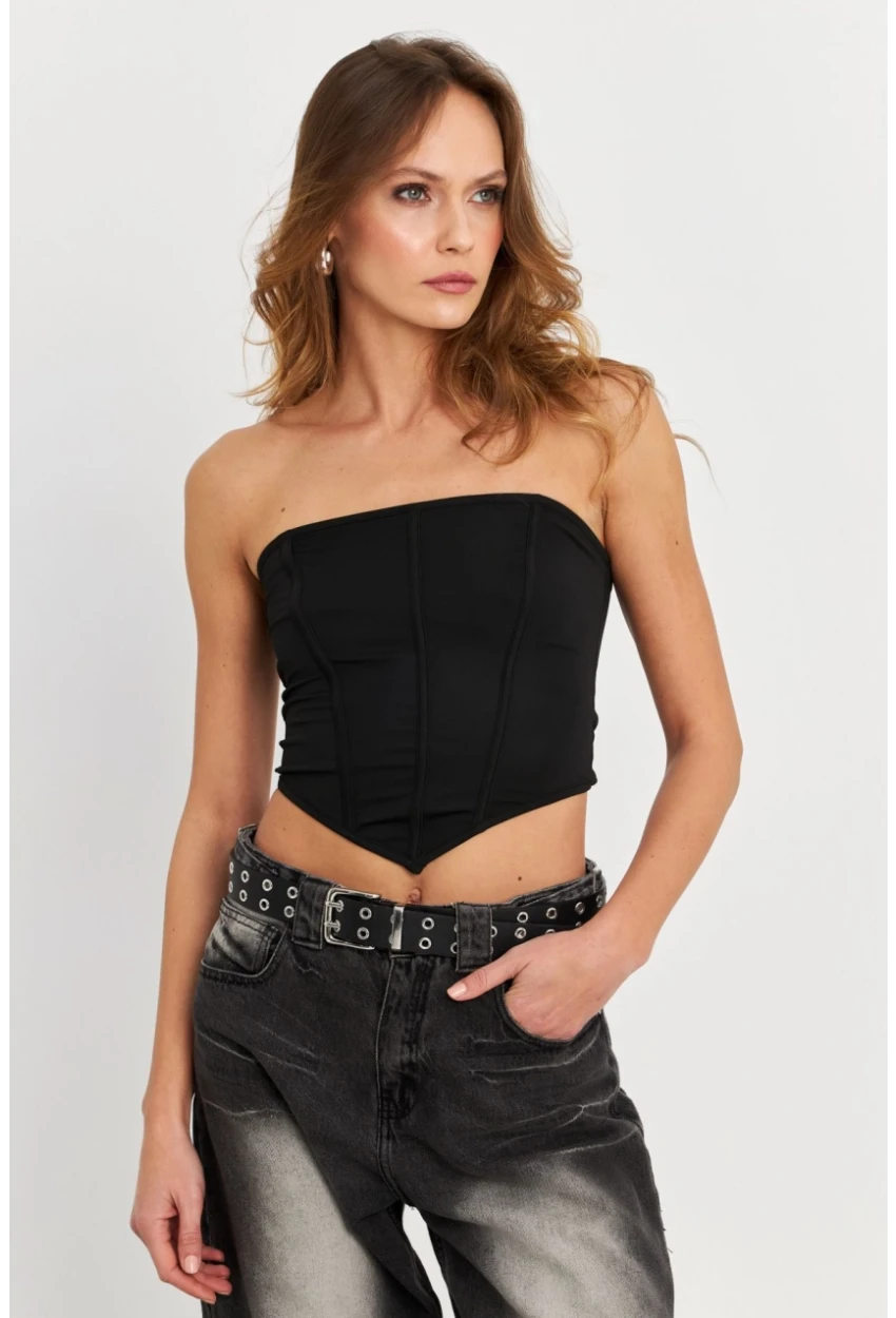 Kadın Siyah Straplez Crop Bluz B6081