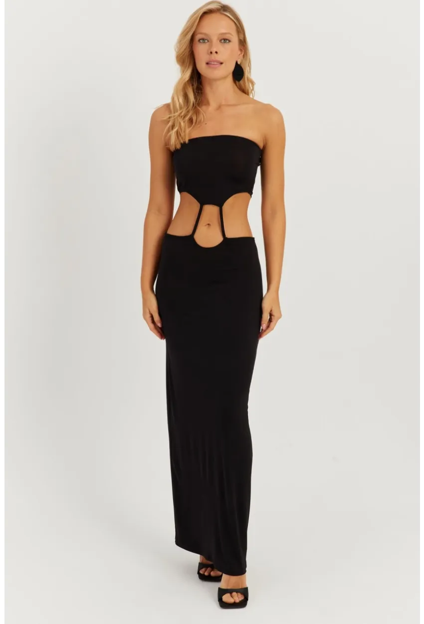 Kadın Siyah Straplez Midi Elbise MEN2037