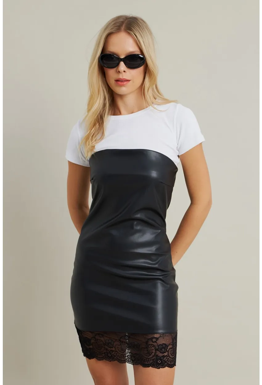 Kadın Siyah Straplez Suni Deri Mini Elbise NH0419