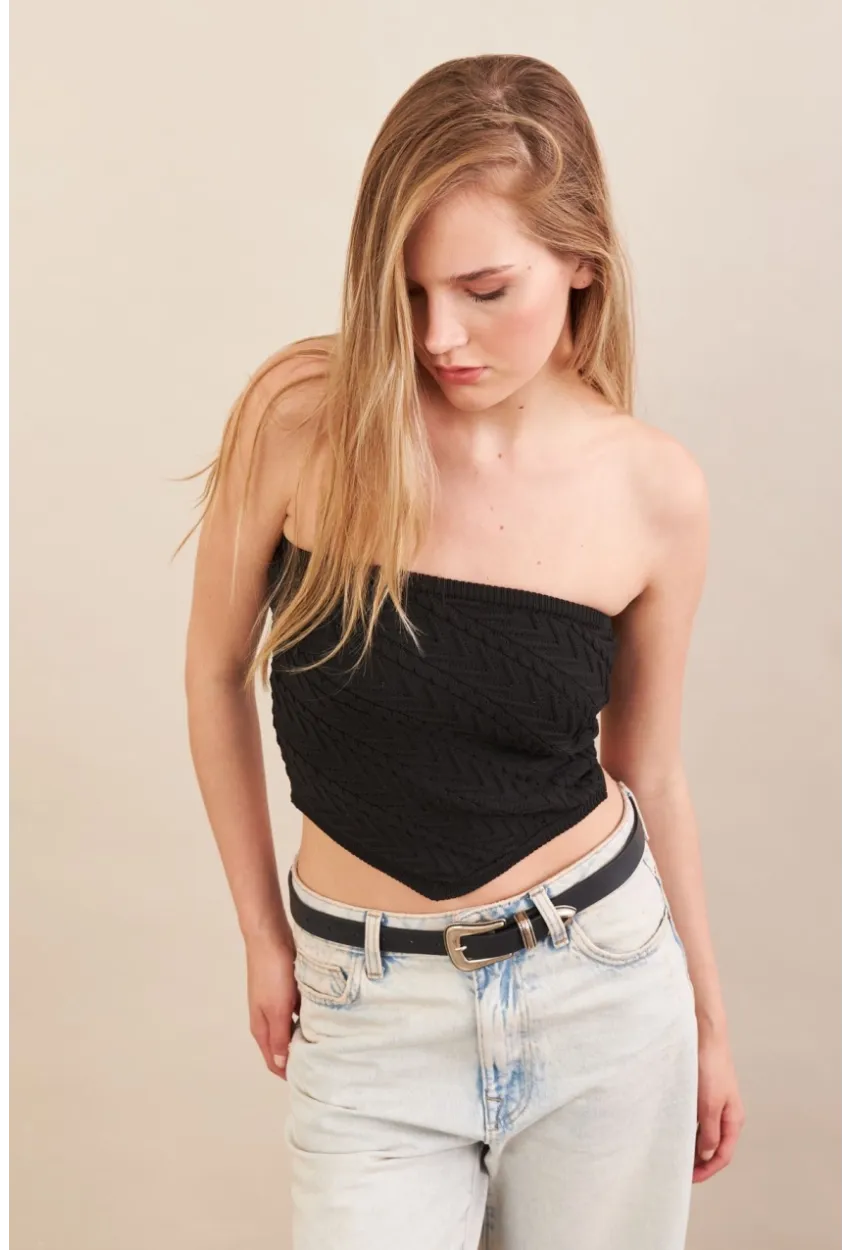 Kadın Siyah Straplez Triko Crop Bluz ZH049