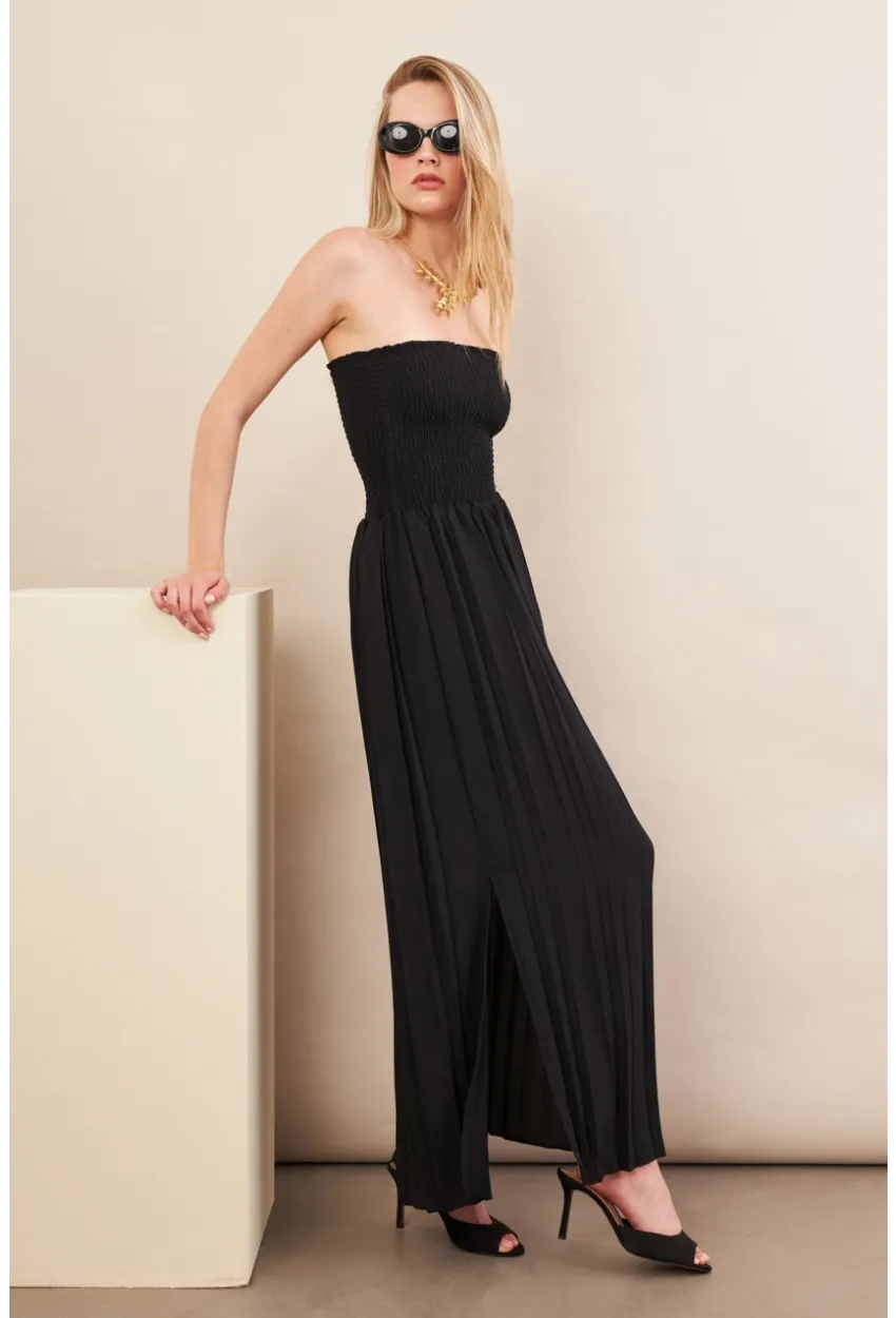 Kadın Siyah Straplez Yaka Midi Elbise MSİ100