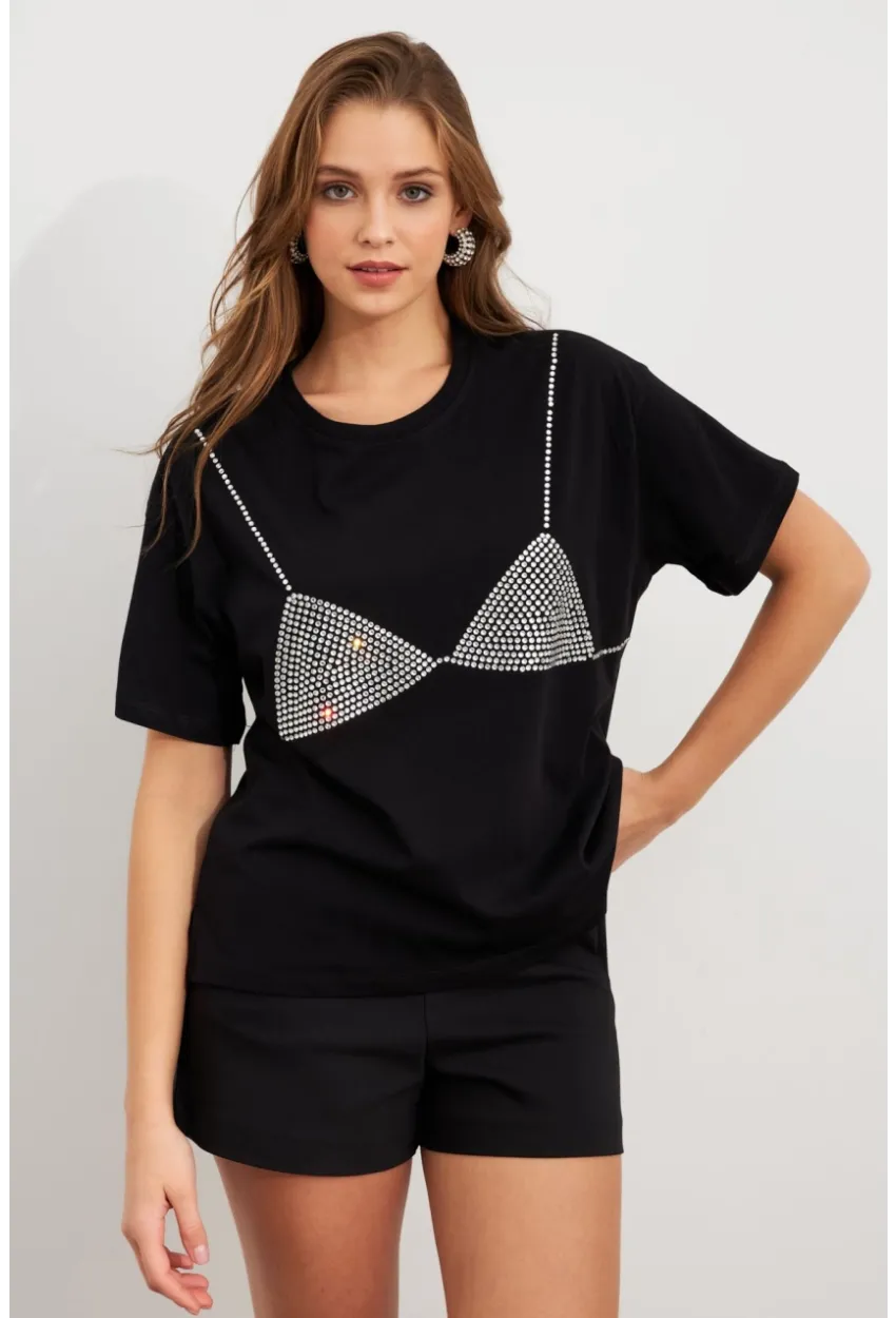 Kadın Siyah Straslı Oversize T-Shirt TPG13