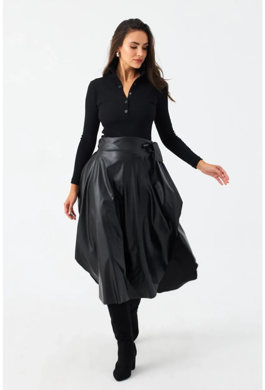 Kadın Siyah Suni Deri Asimetrik Etek MLV180