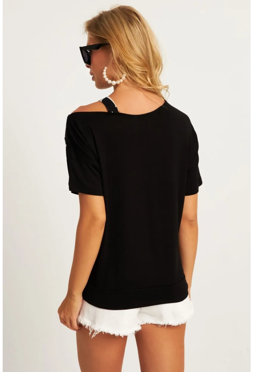 Kadın Siyah Suni Deri Bloklu Bluz ST837