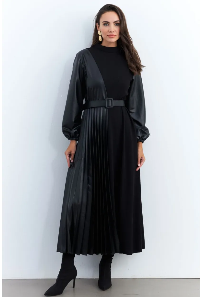 Kadın Siyah Suni Deri Bloklu Pilili Maxi Elbise MALZ100