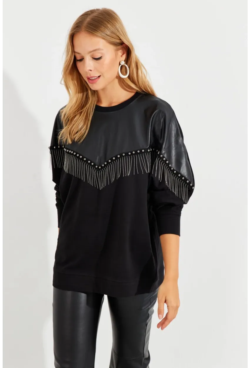 Kadın Siyah Suni Deri Bloklu Sweatshirt PKA806