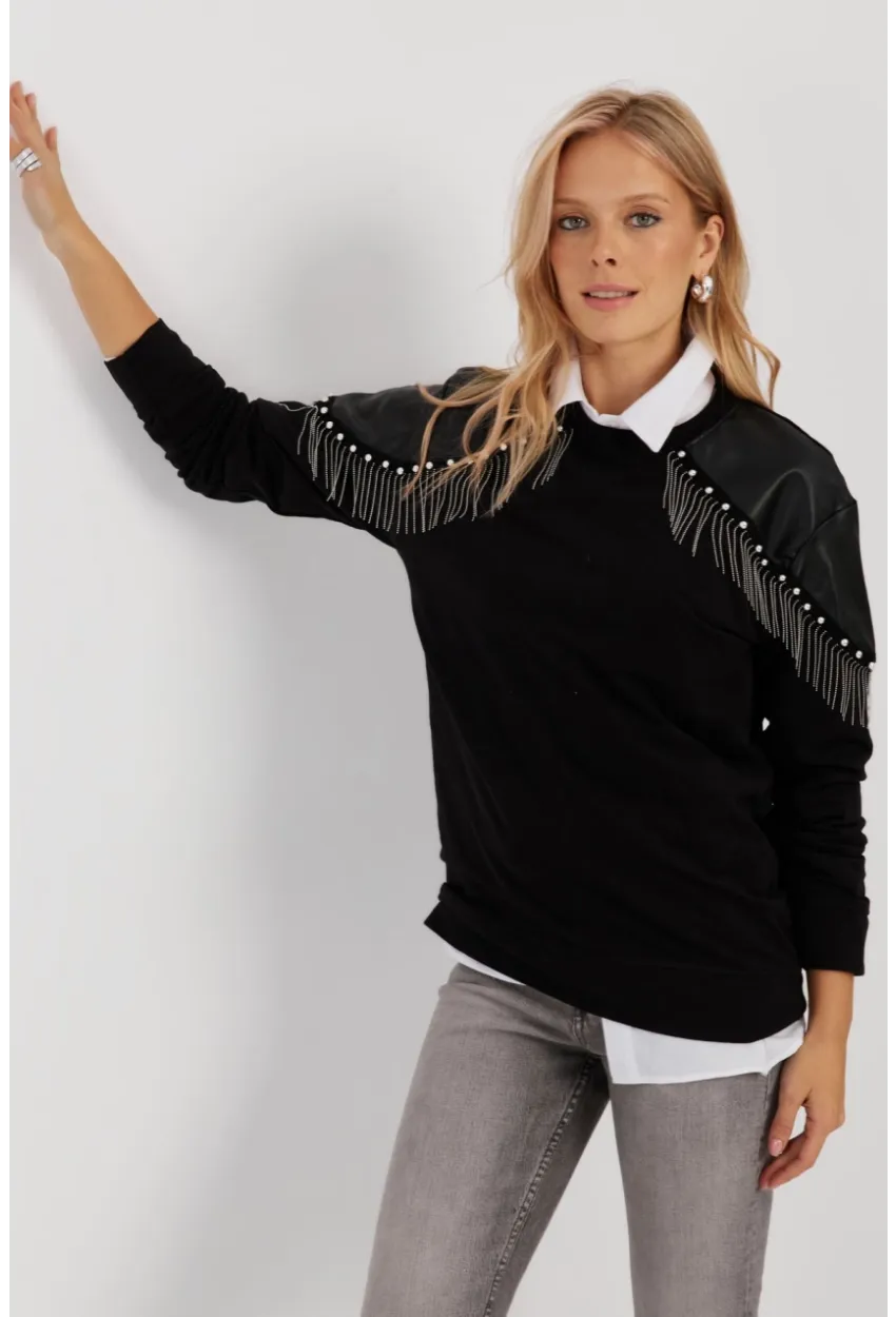 Kadın Siyah Suni Deri Bloklu Sweatshirt PKA807