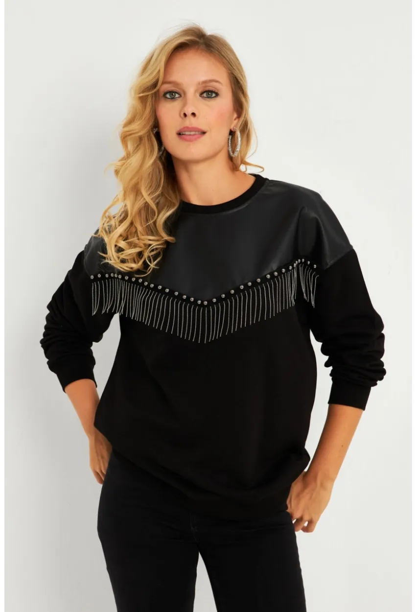Kadın Siyah Suni Deri Bloklu Sweatshirt PKA808